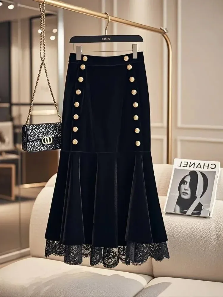 LVSANW Golden Buckle Solid Black Velvet Mermaid Skirt Women Elegant Slim High Waist Trumpet Skirts Pretty Lace Stitching Winter Autumn