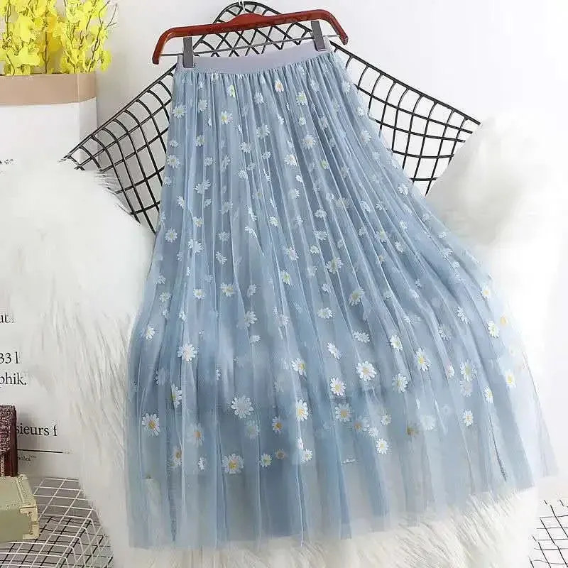 LVSANW Skirts Women Daisy-printed Ins Mesh A-line Loose 3 Layers Half-body Womens Elegant Ladies Pleated Long Midi Faldas Slim Simple