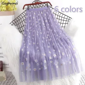LVSANW Skirts Women Daisy-printed Ins Mesh A-line Loose 3 Layers Half-body Womens Elegant Ladies Pleated Long Midi Faldas Slim Simple