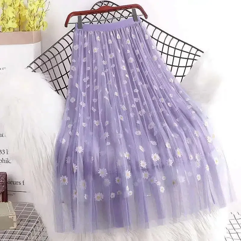 LVSANW Skirts Women Daisy-printed Ins Mesh A-line Loose 3 Layers Half-body Womens Elegant Ladies Pleated Long Midi Faldas Slim Simple