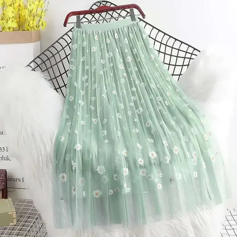 LVSANW Skirts Women Daisy-printed Ins Mesh A-line Loose 3 Layers Half-body Womens Elegant Ladies Pleated Long Midi Faldas Slim Simple