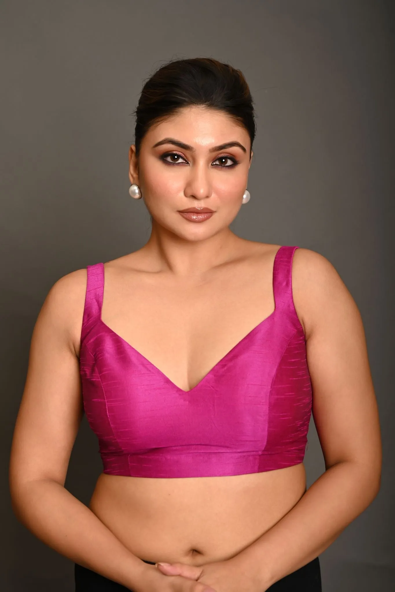 Magenta Pink Blouse In Raw Silk With Sweetheart Neckline and broad strap