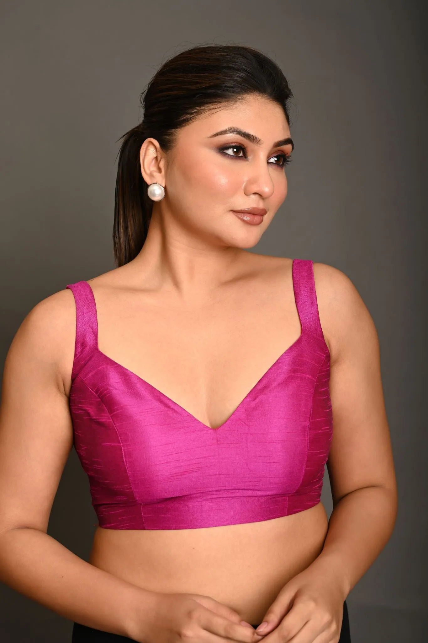 Magenta Pink Blouse In Raw Silk With Sweetheart Neckline and broad strap