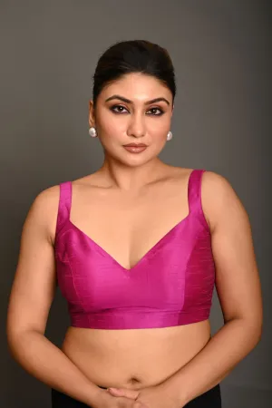 Magenta Pink Blouse In Raw Silk With Sweetheart Neckline and broad strap