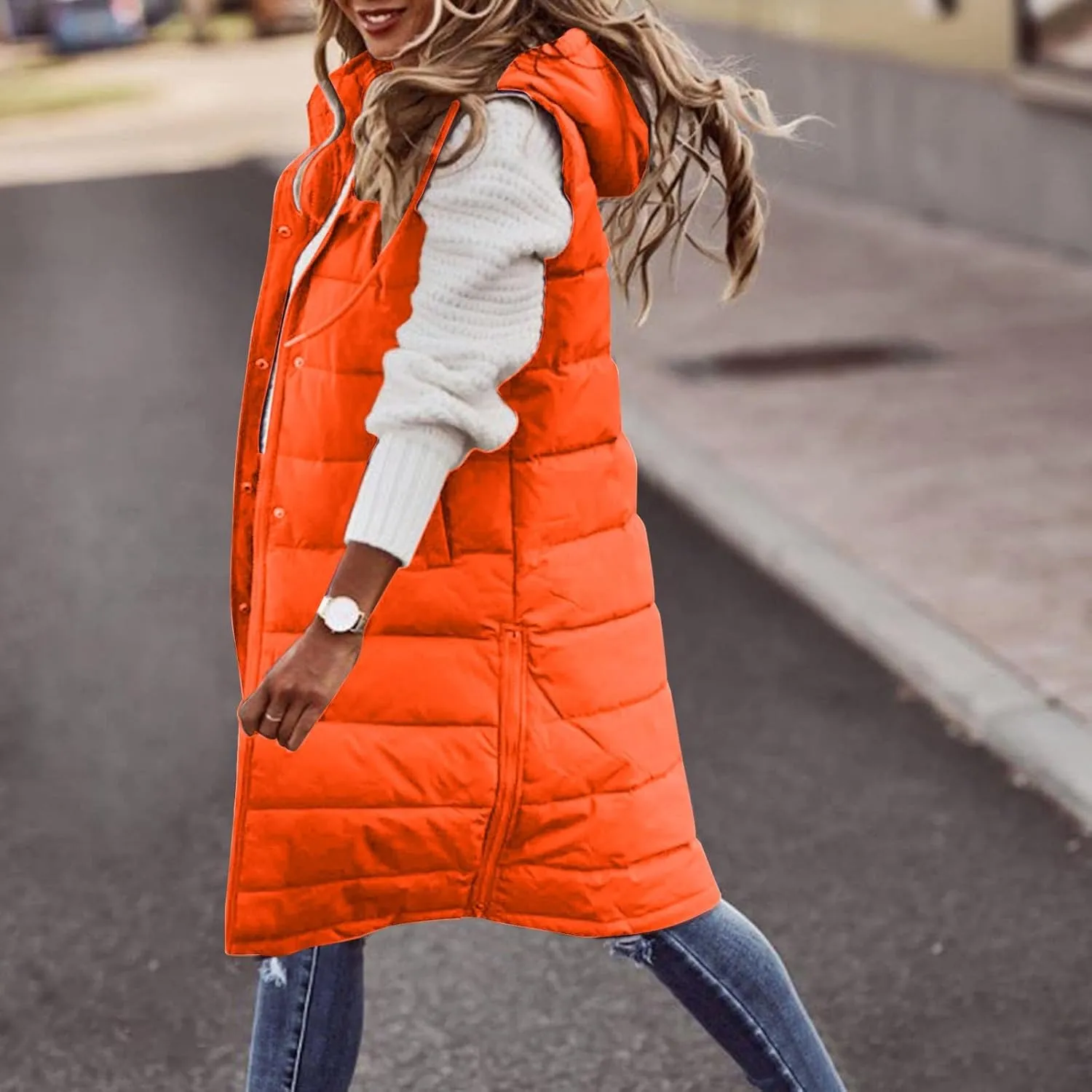 maisdgop Puffer Vest for Women Winter Warm Sleeveless Zipper Jacket Casual Hooded Parkas Coats Cotton Padded Long Jackets