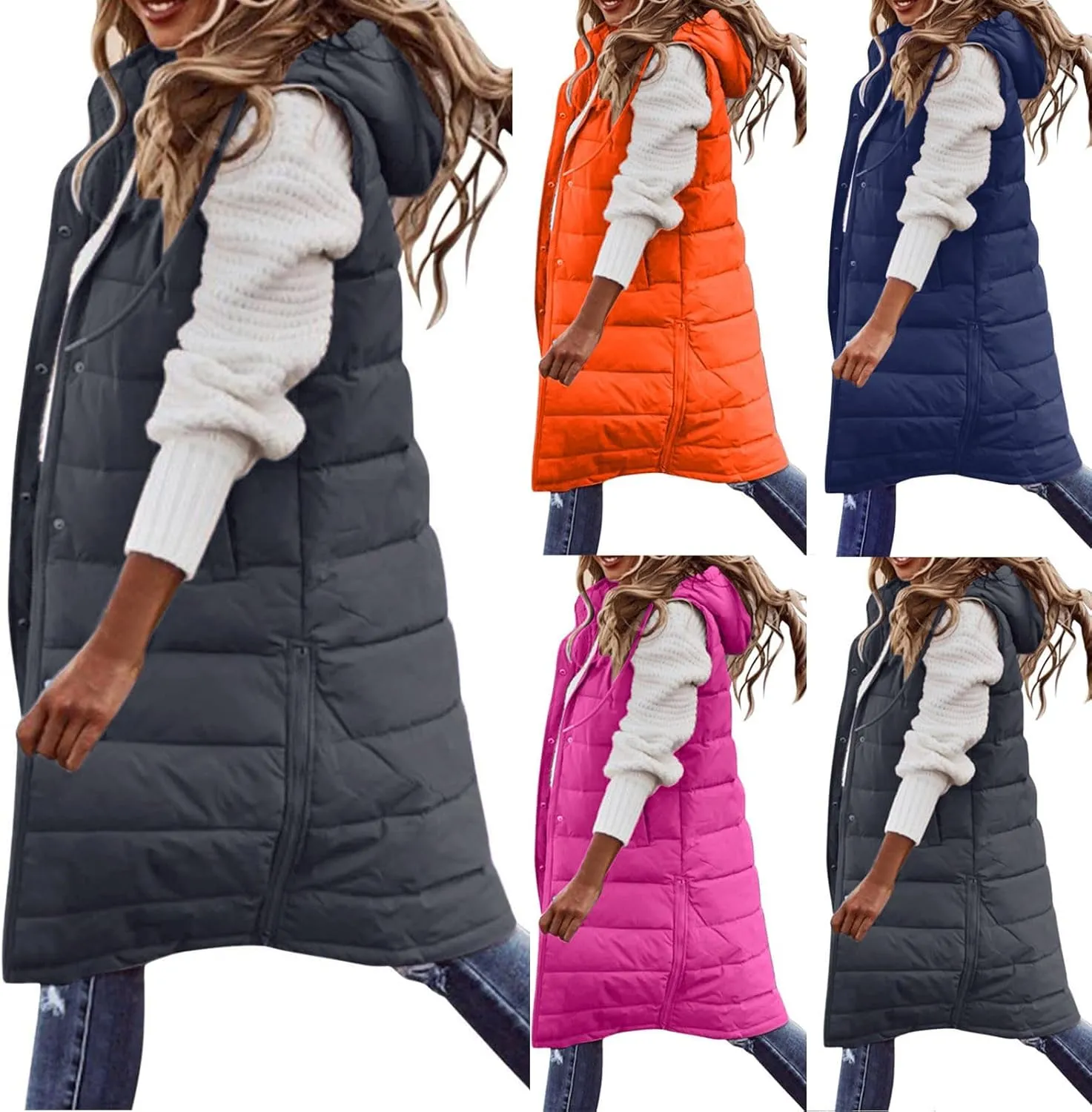 maisdgop Puffer Vest for Women Winter Warm Sleeveless Zipper Jacket Casual Hooded Parkas Coats Cotton Padded Long Jackets