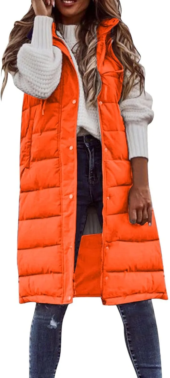 maisdgop Puffer Vest for Women Winter Warm Sleeveless Zipper Jacket Casual Hooded Parkas Coats Cotton Padded Long Jackets