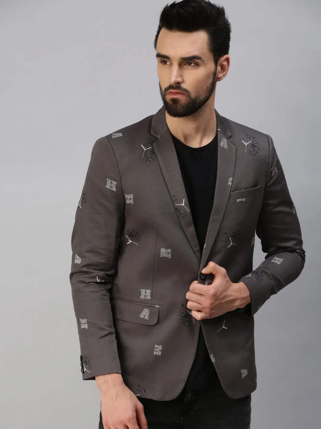 Men Grey Printed Single Party Blazers