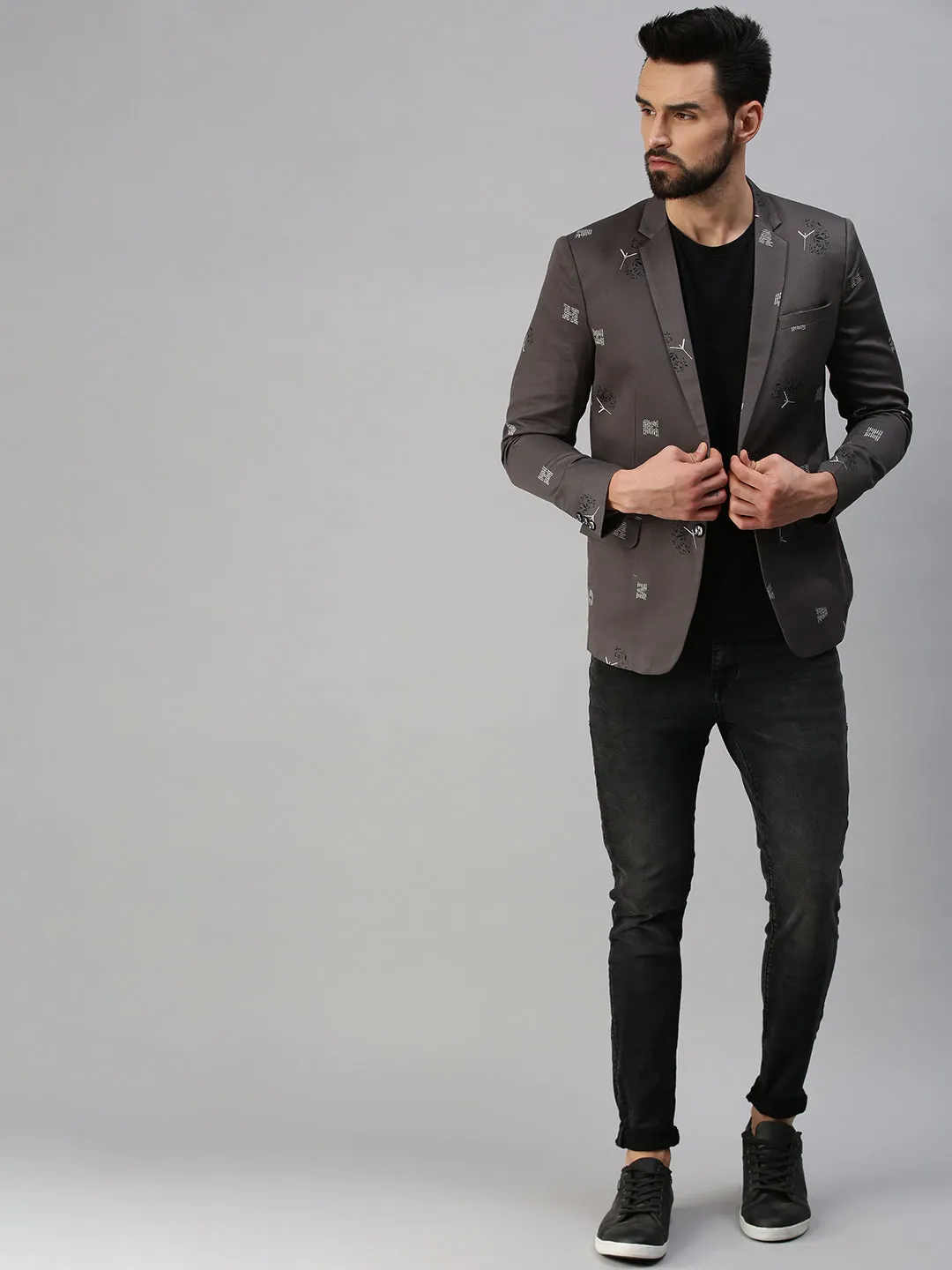 Men Grey Printed Single Party Blazers