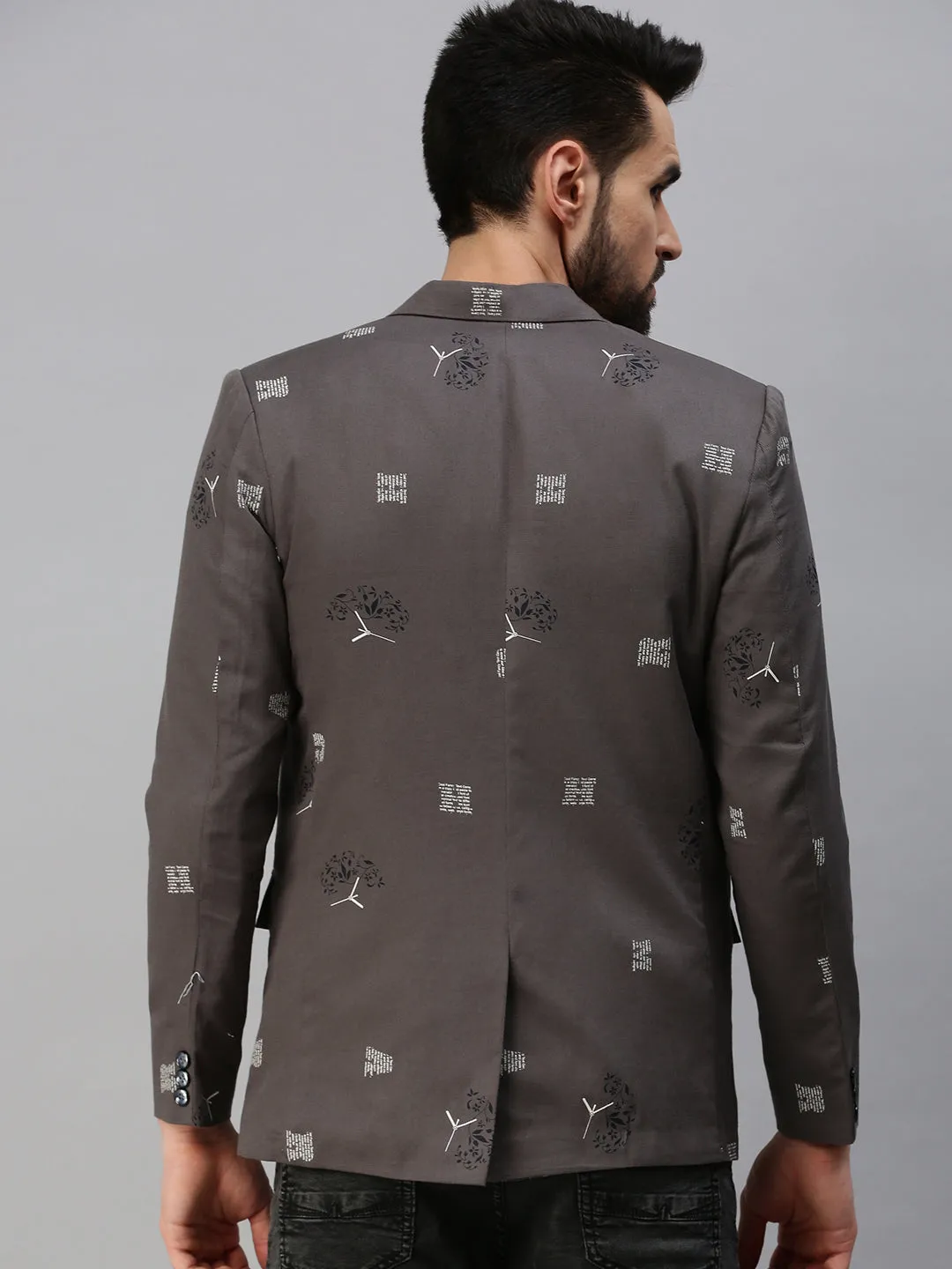 Men Grey Printed Single Party Blazers