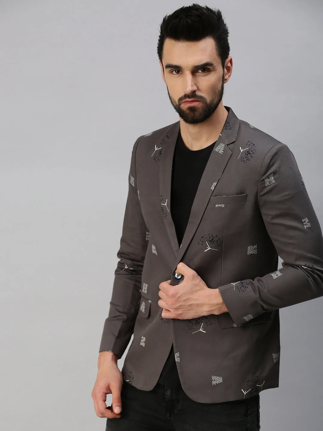 Men Grey Printed Single Party Blazers