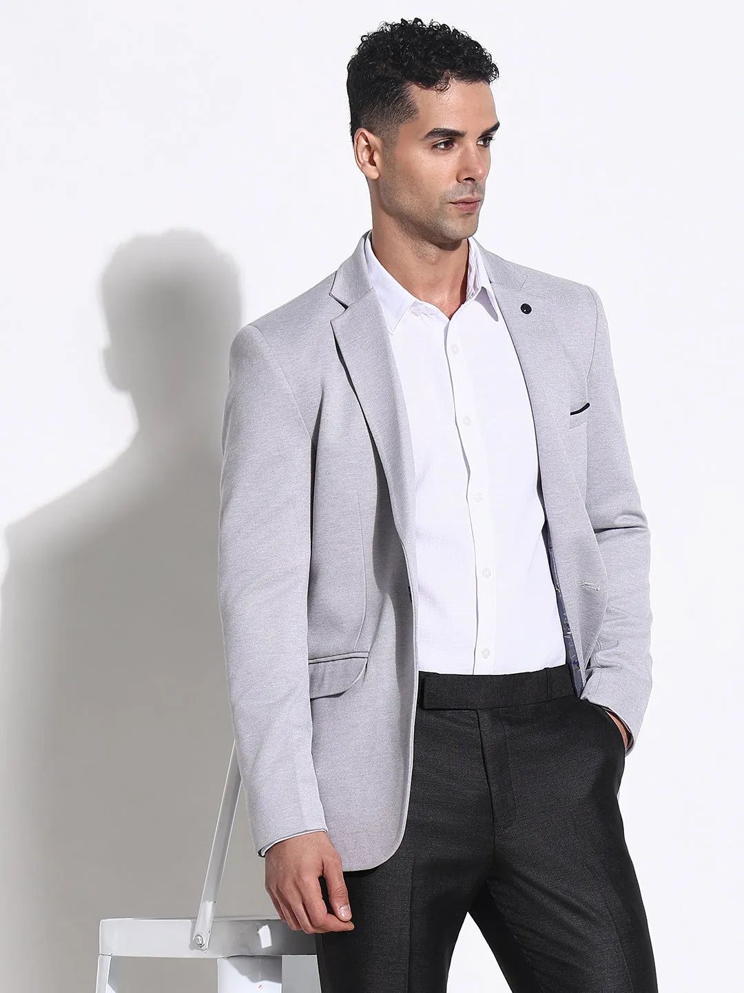 Men Grey Slim-Fit Single-Breasted Blazers