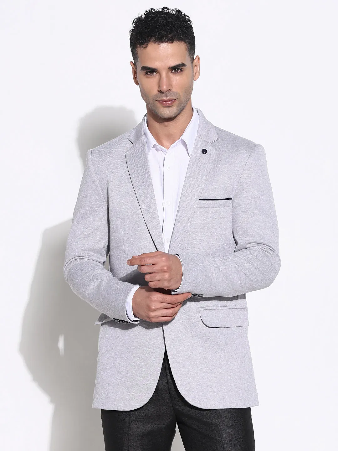 Men Grey Slim-Fit Single-Breasted Blazers