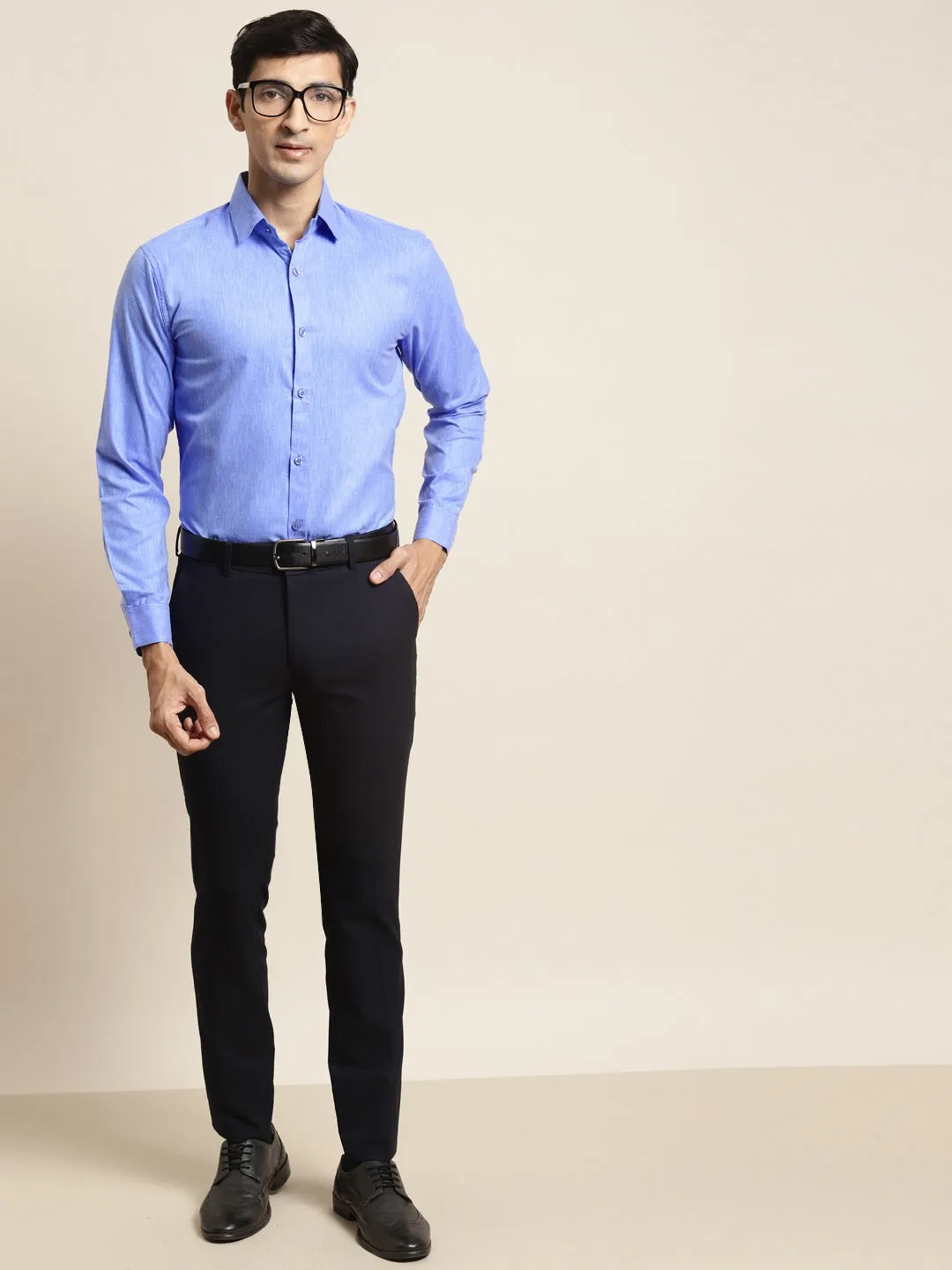 Men's Cotton Linen Blue Solid Formal Shirt - Sojanya