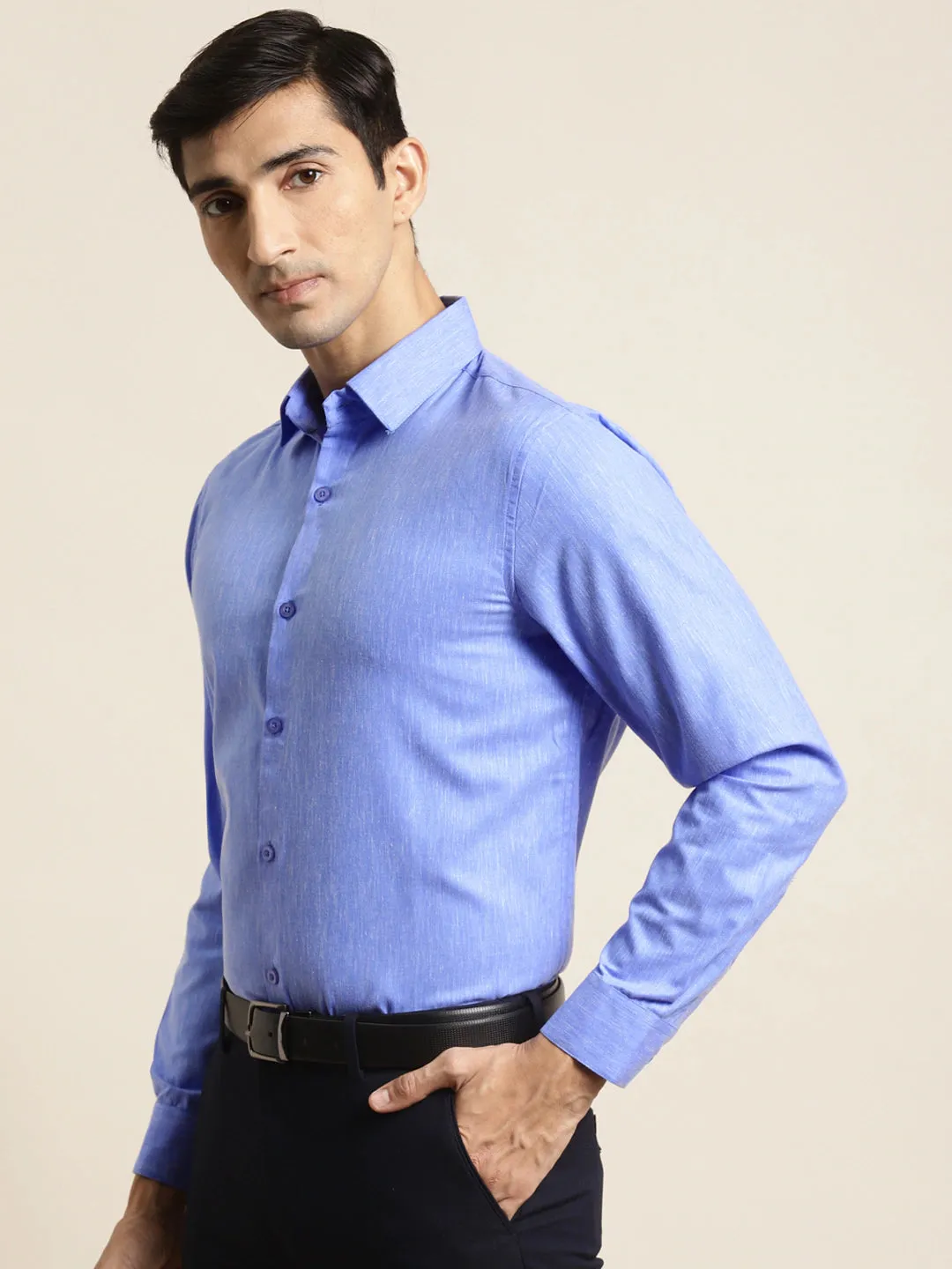 Men's Cotton Linen Blue Solid Formal Shirt - Sojanya