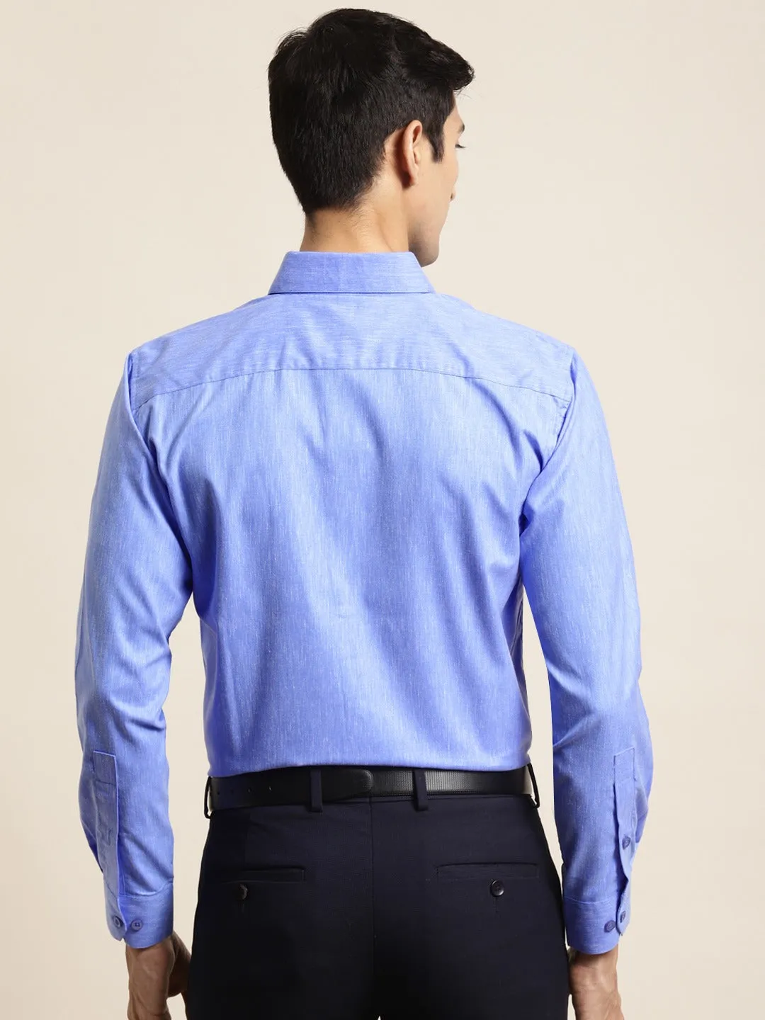 Men's Cotton Linen Blue Solid Formal Shirt - Sojanya