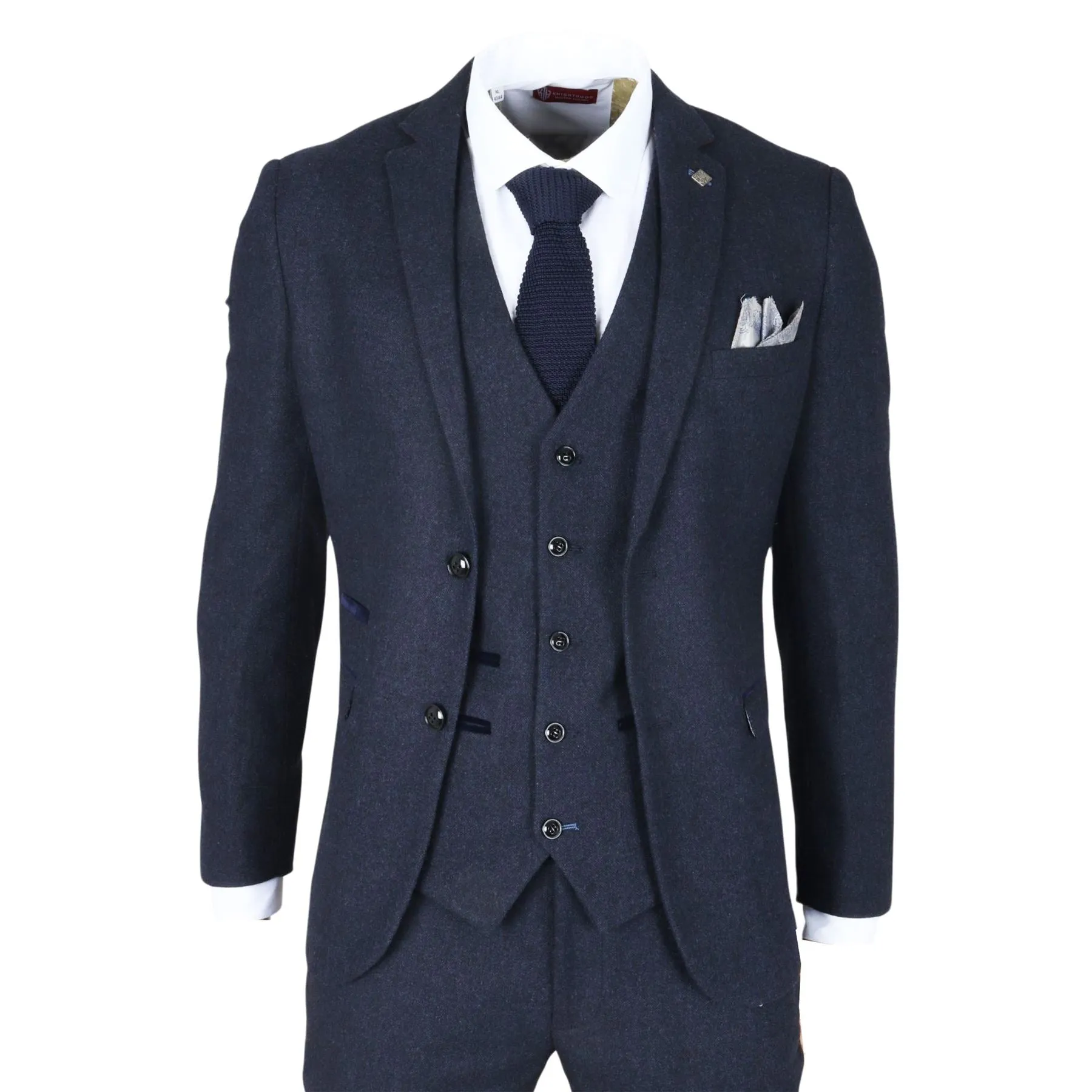 Men's Suit 3 Piece Navy Blue Wool Blend Tweed Tailored Fit Formal Dress