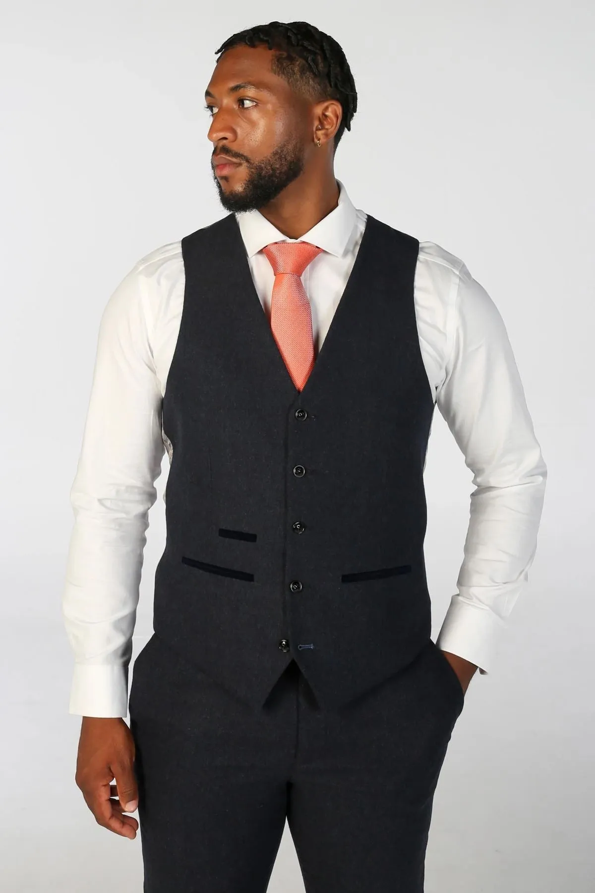 Men's Suit 3 Piece Navy Blue Wool Blend Tweed Tailored Fit Formal Dress