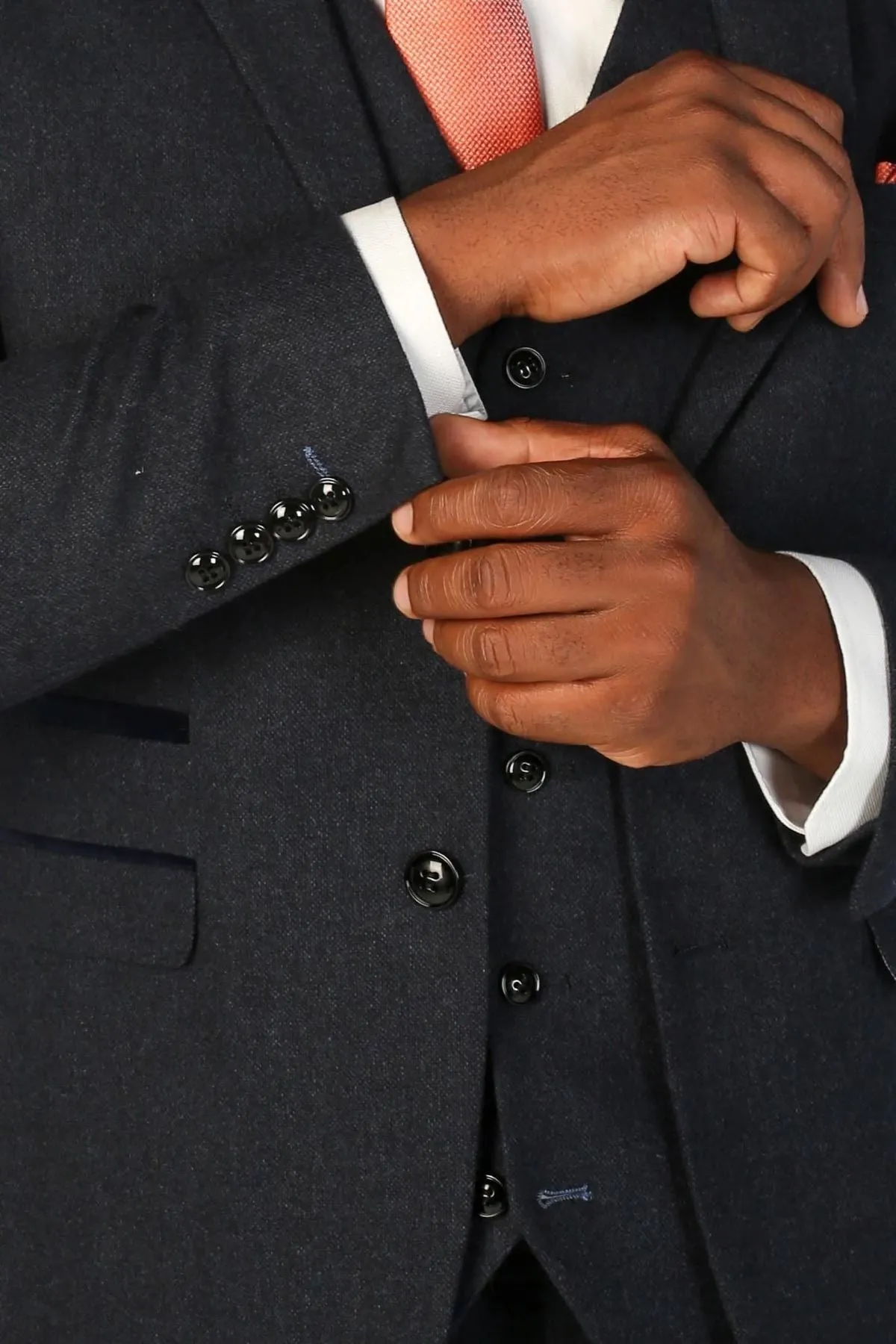 Men's Suit 3 Piece Navy Blue Wool Blend Tweed Tailored Fit Formal Dress