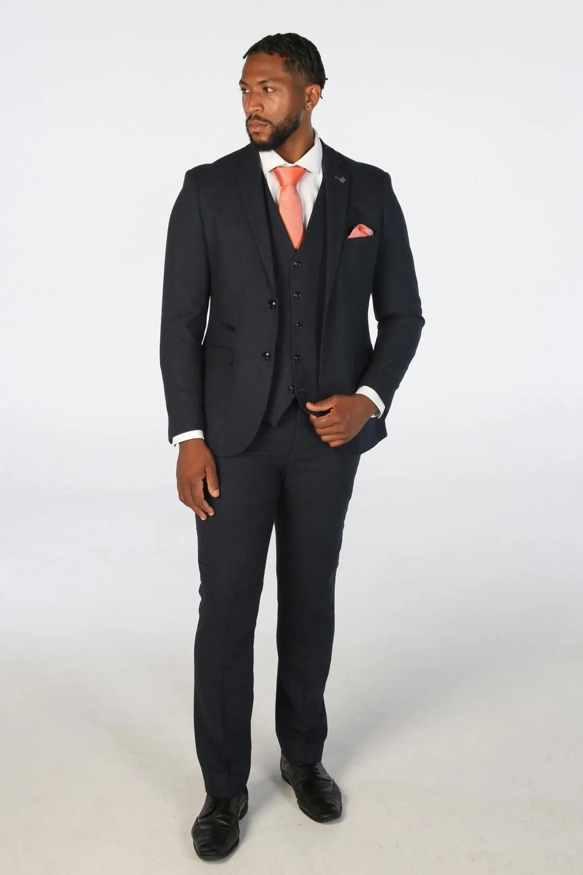 Men's Suit 3 Piece Navy Blue Wool Blend Tweed Tailored Fit Formal Dress