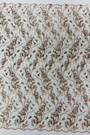 Multi-Color Floral Leaf Fabric - Light Brown / Light Blue - Sequins Lace Flower Fabric Sold By Yard