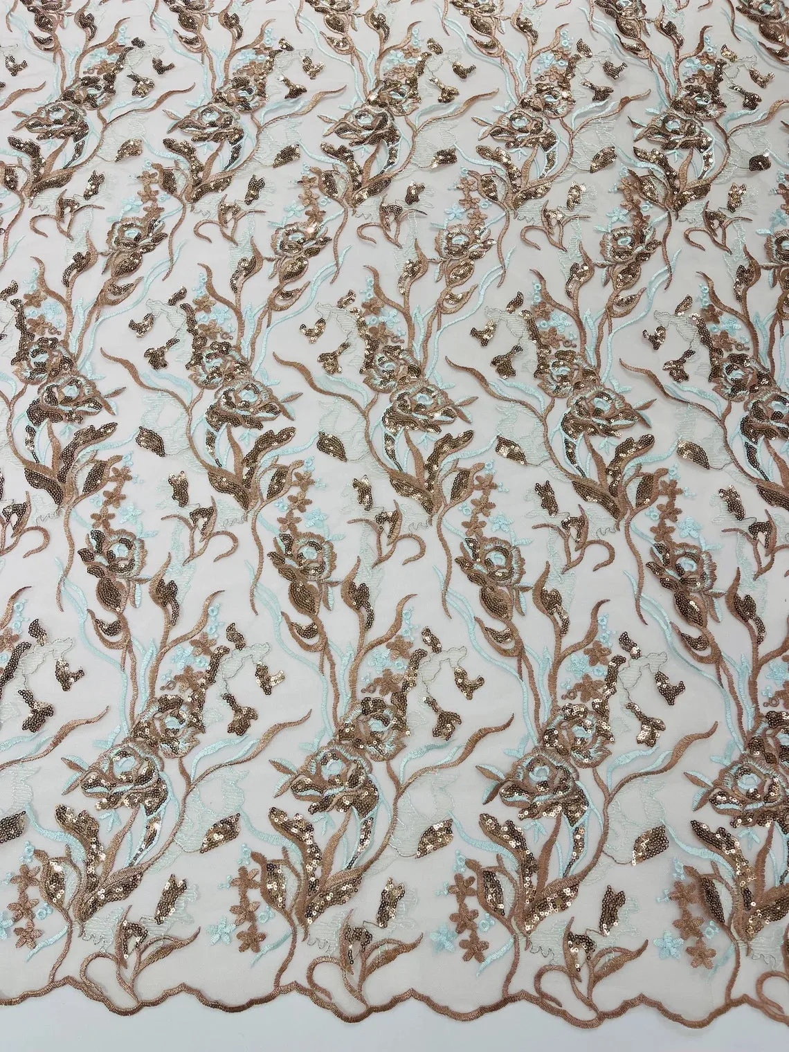 Multi-Color Floral Leaf Fabric - Light Brown / Light Blue - Sequins Lace Flower Fabric Sold By Yard