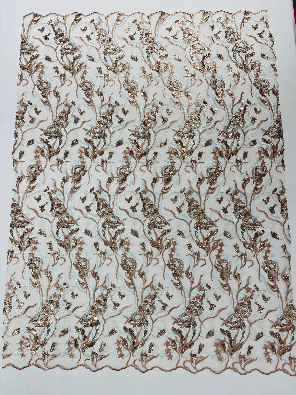 Multi-Color Floral Leaf Fabric - Light Brown / Light Blue - Sequins Lace Flower Fabric Sold By Yard