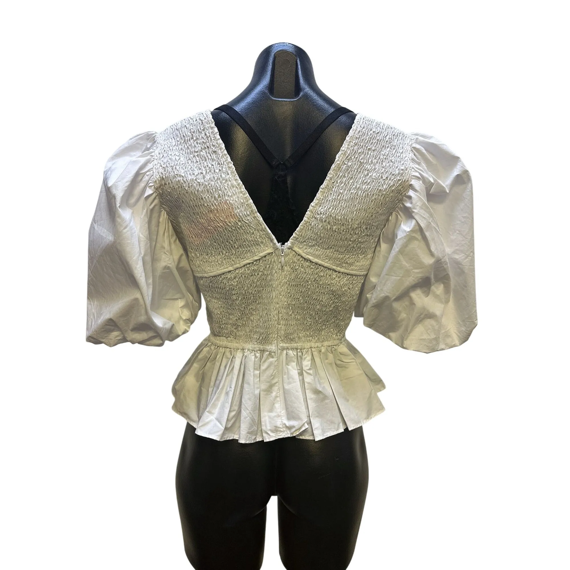 NWT Aureum White Smocked Puff Sleeve Peplum Blouse w/V-Neck Size S
