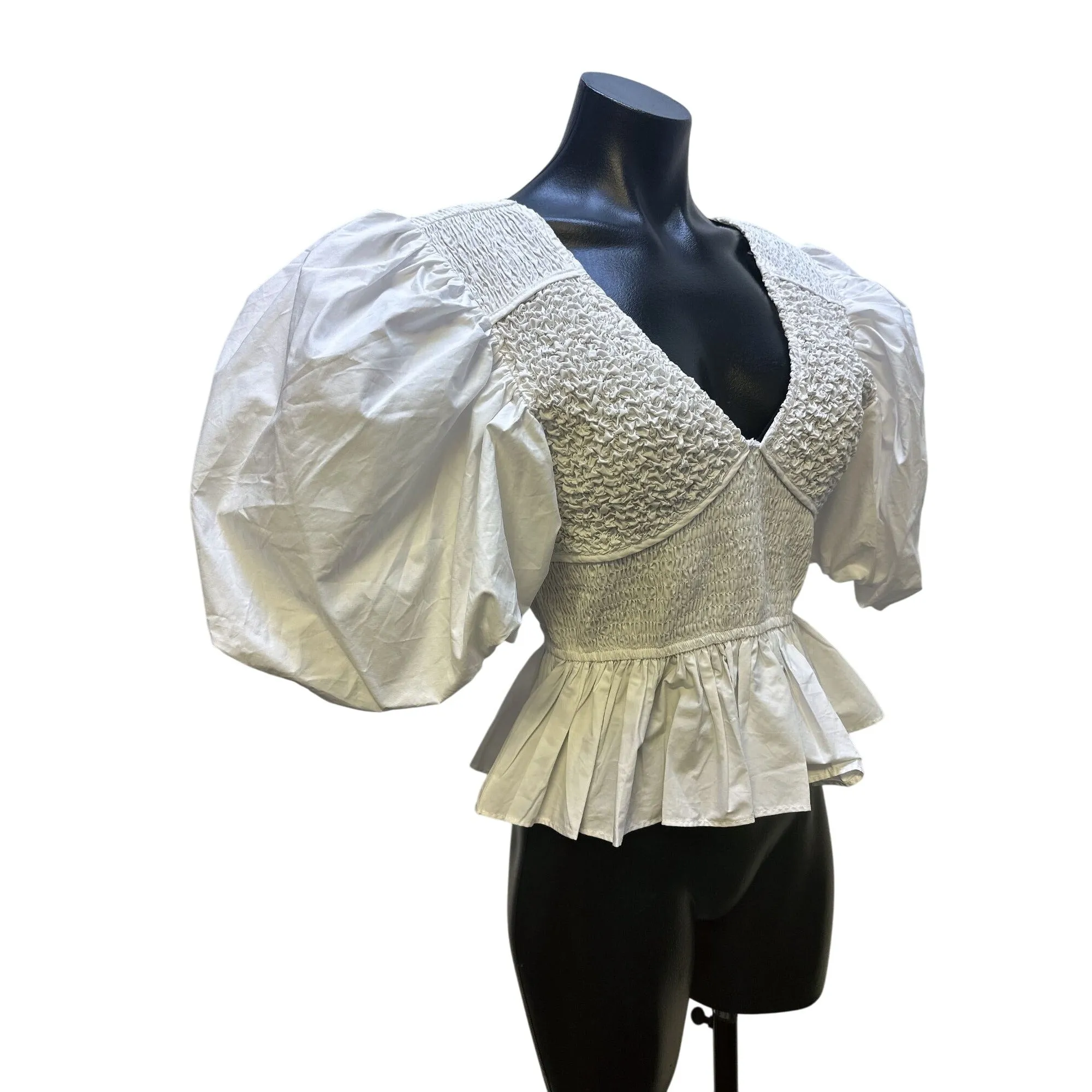 NWT Aureum White Smocked Puff Sleeve Peplum Blouse w/V-Neck Size S