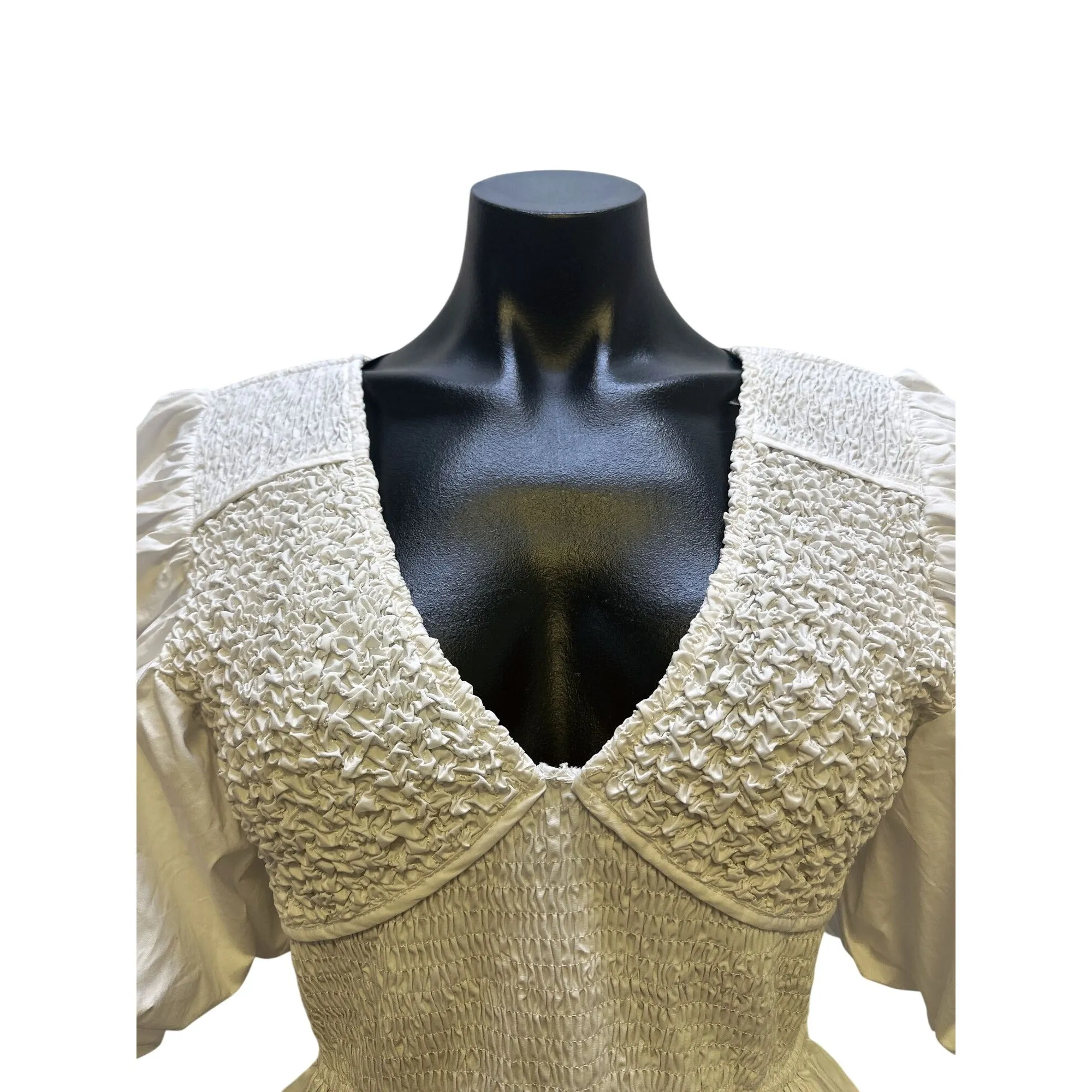 NWT Aureum White Smocked Puff Sleeve Peplum Blouse w/V-Neck Size S