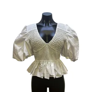 NWT Aureum White Smocked Puff Sleeve Peplum Blouse w/V-Neck Size S