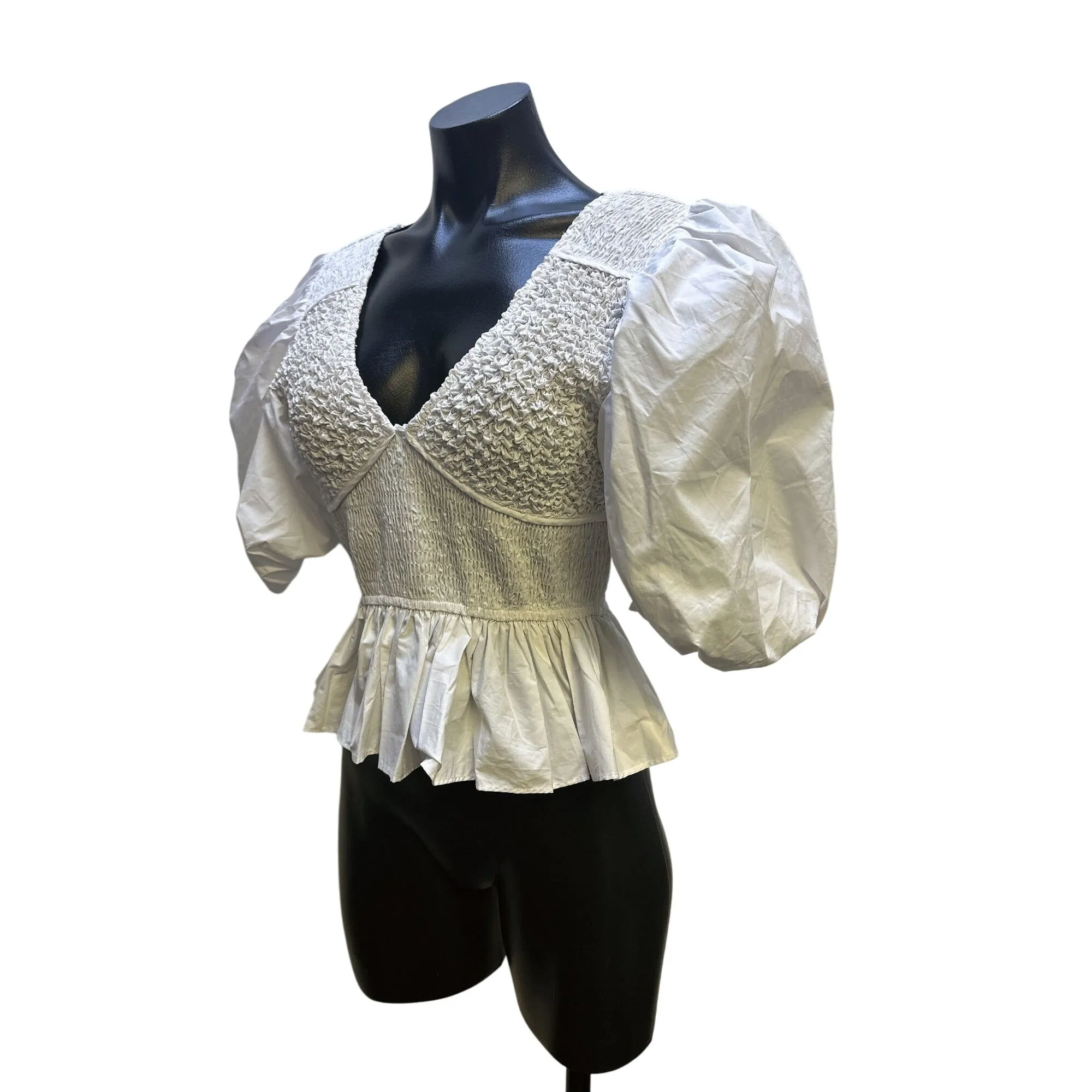 NWT Aureum White Smocked Puff Sleeve Peplum Blouse w/V-Neck Size S