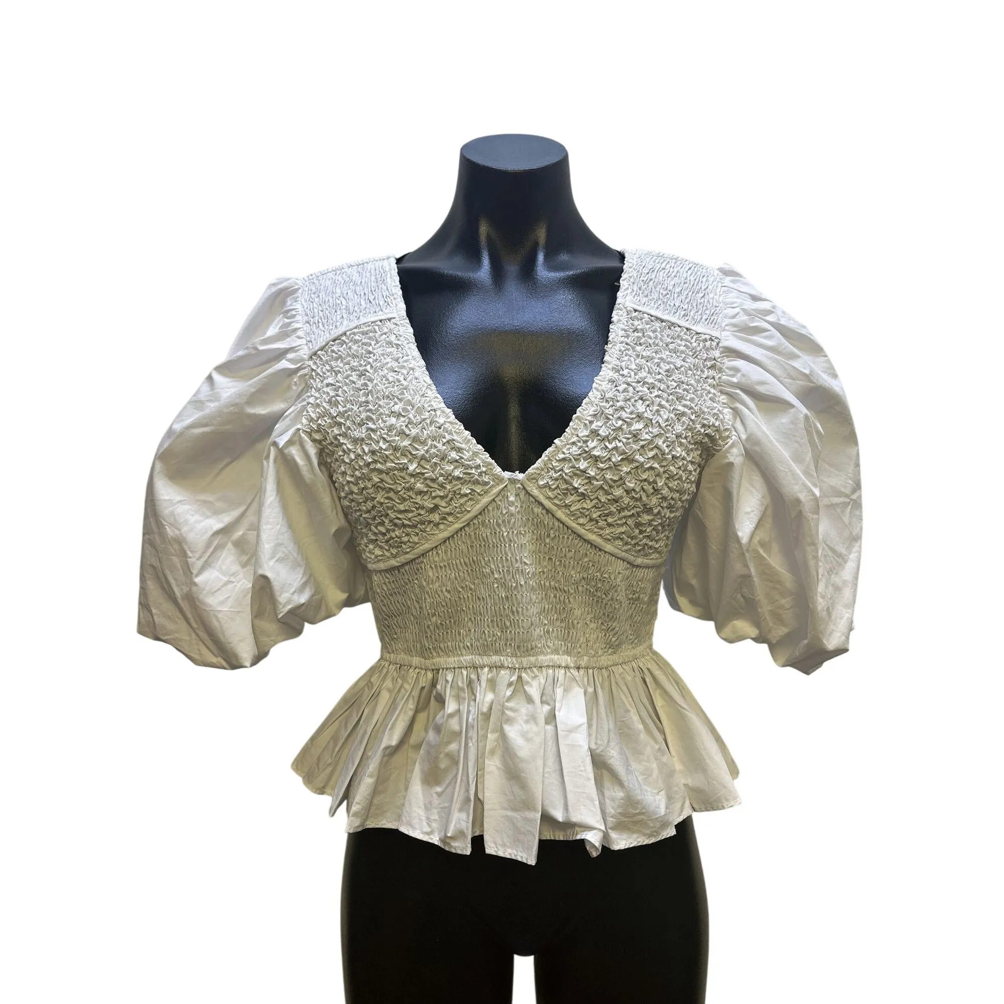 NWT Aureum White Smocked Puff Sleeve Peplum Blouse w/V-Neck Size S