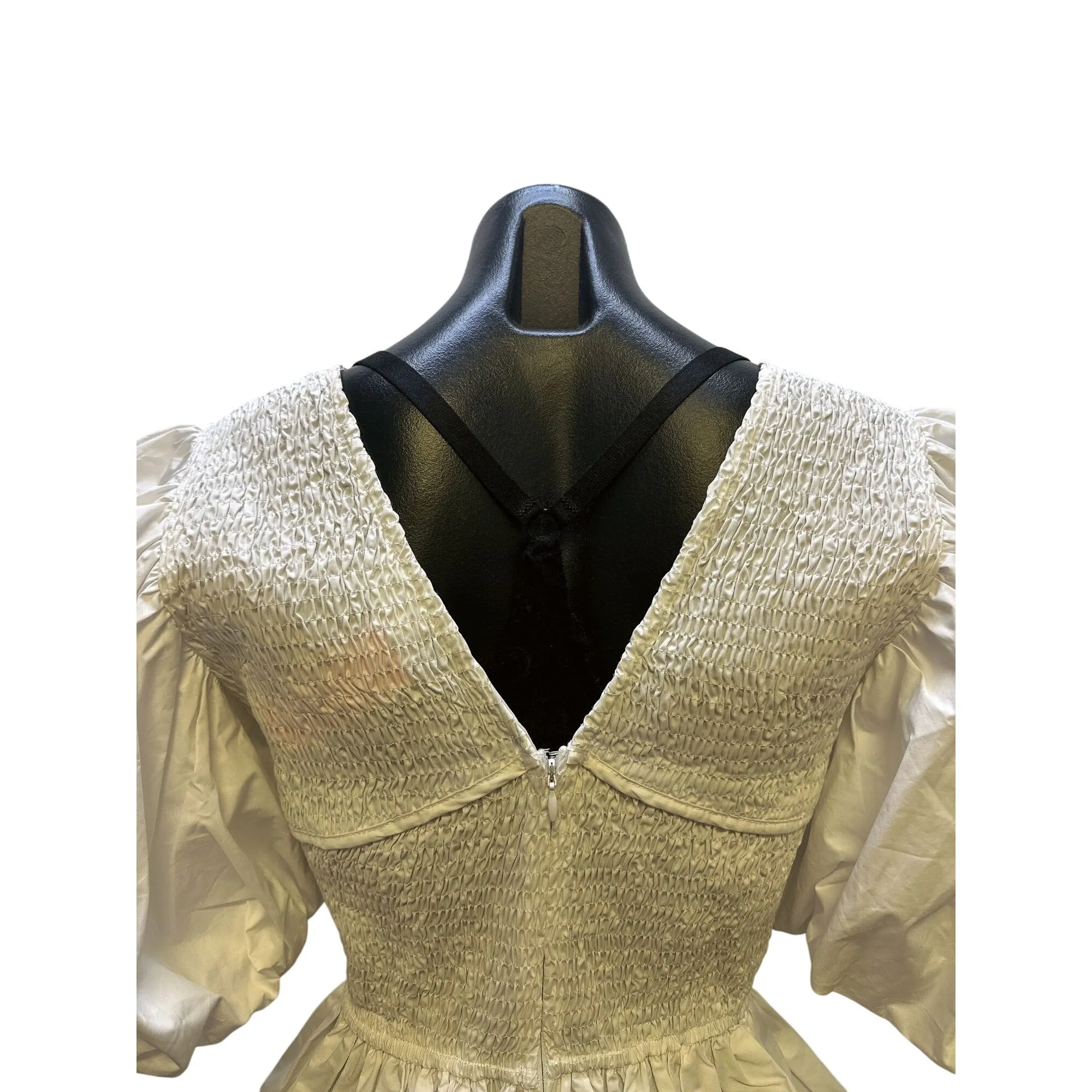 NWT Aureum White Smocked Puff Sleeve Peplum Blouse w/V-Neck Size S