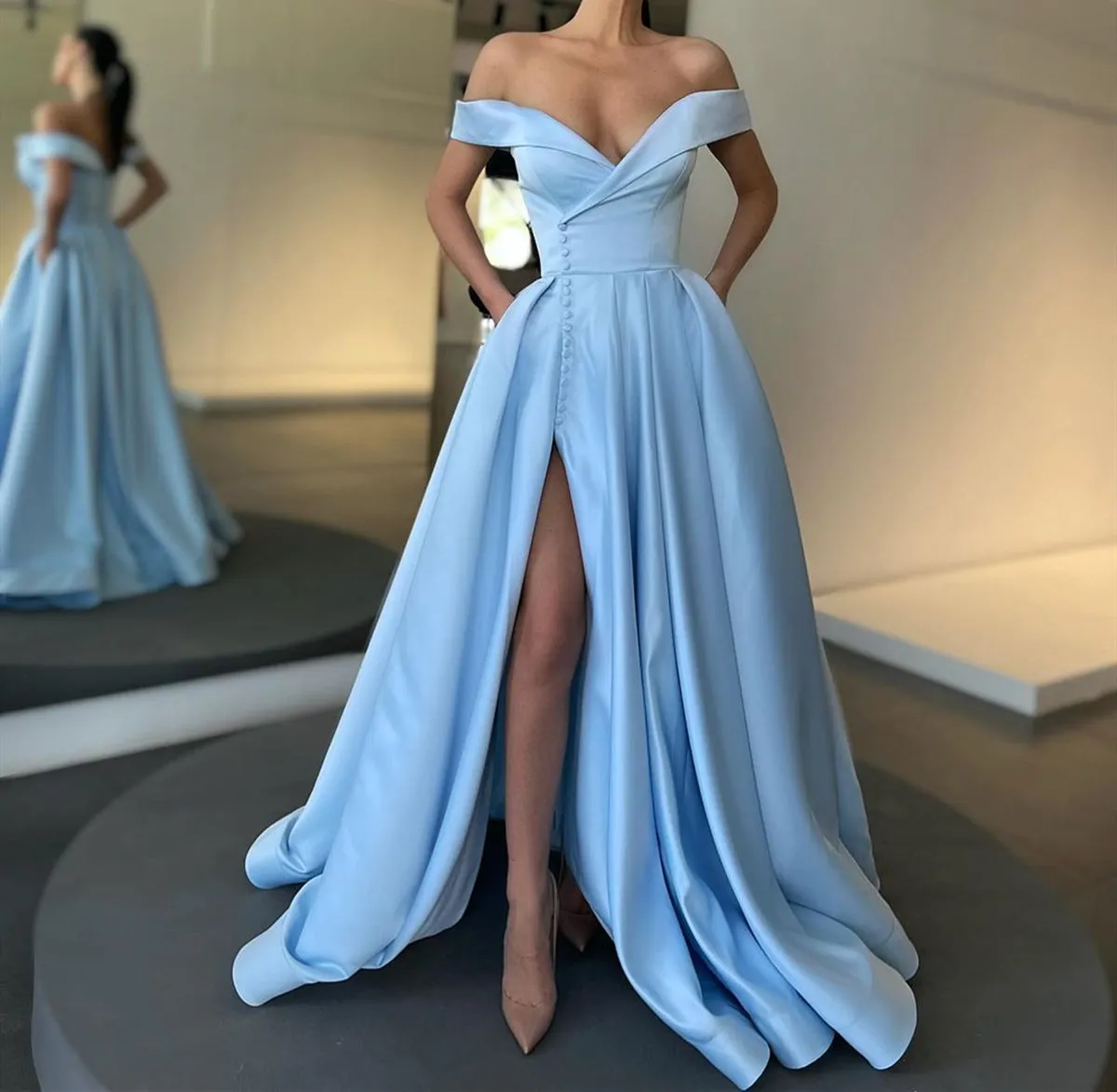 Off the Shoulder Light Blue Satin Prom Dresses, Off Shoulder Light Blue Formal Evening Dresses