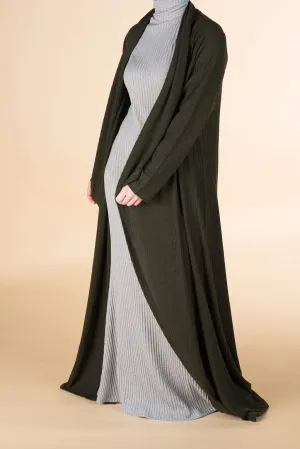 Olive Draped Ribbed Maxi Cardigan