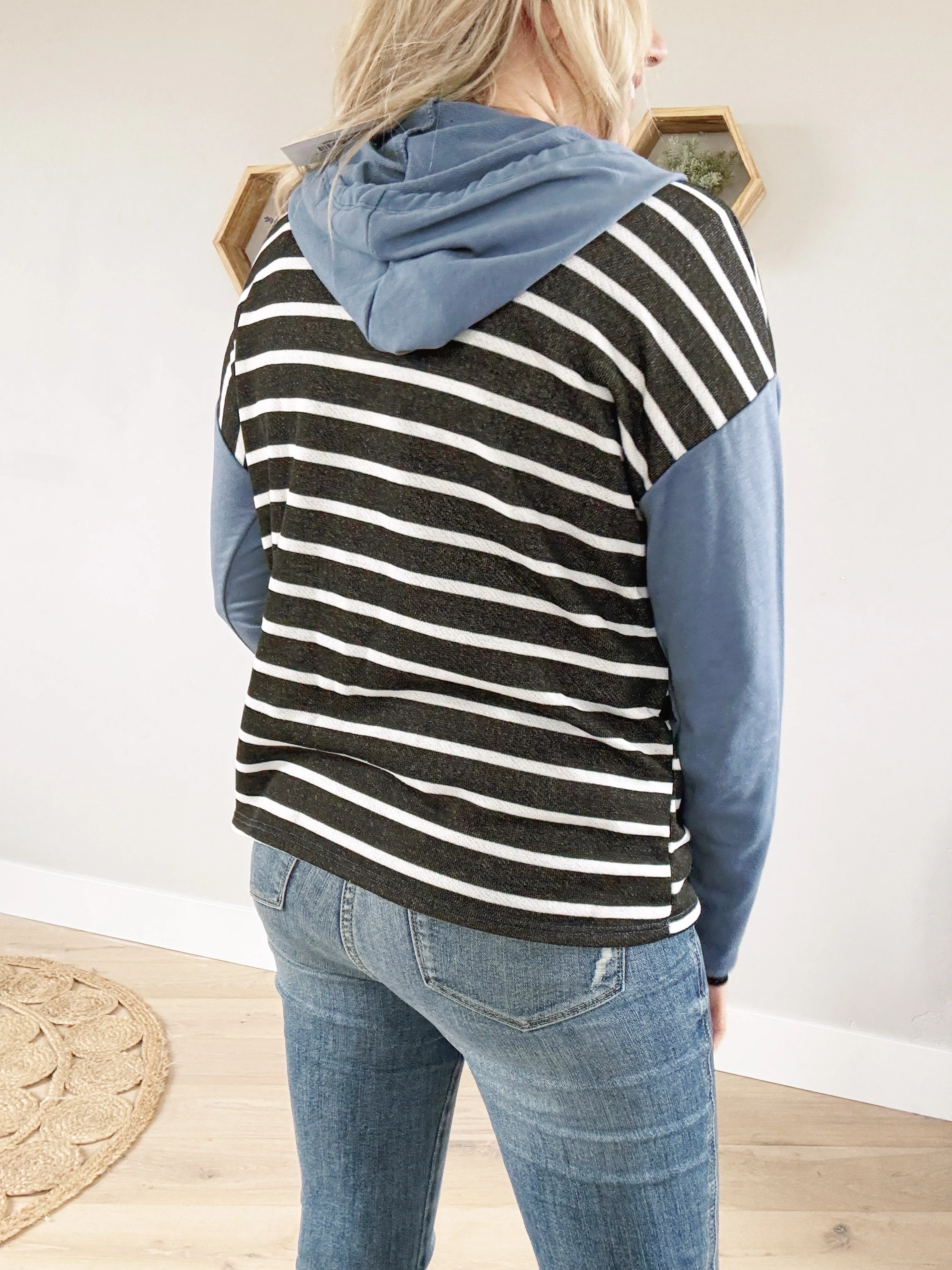 On The Go Striped Hooded Top in Slate Blue
