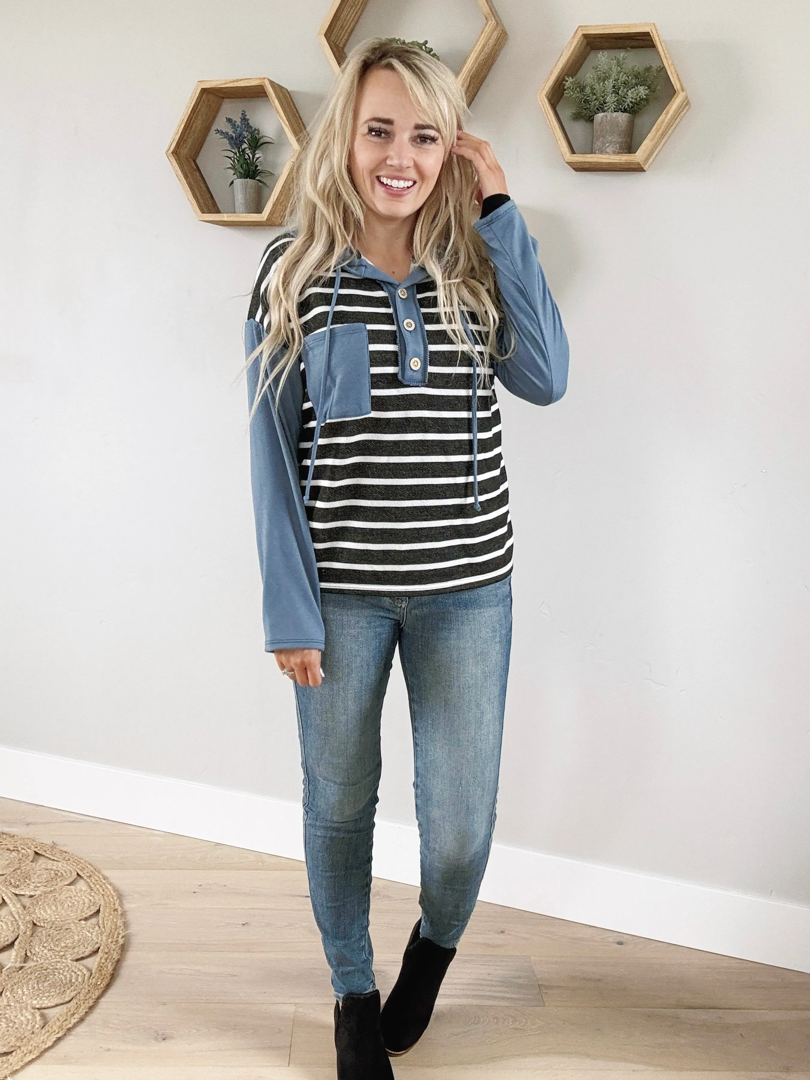 On The Go Striped Hooded Top in Slate Blue