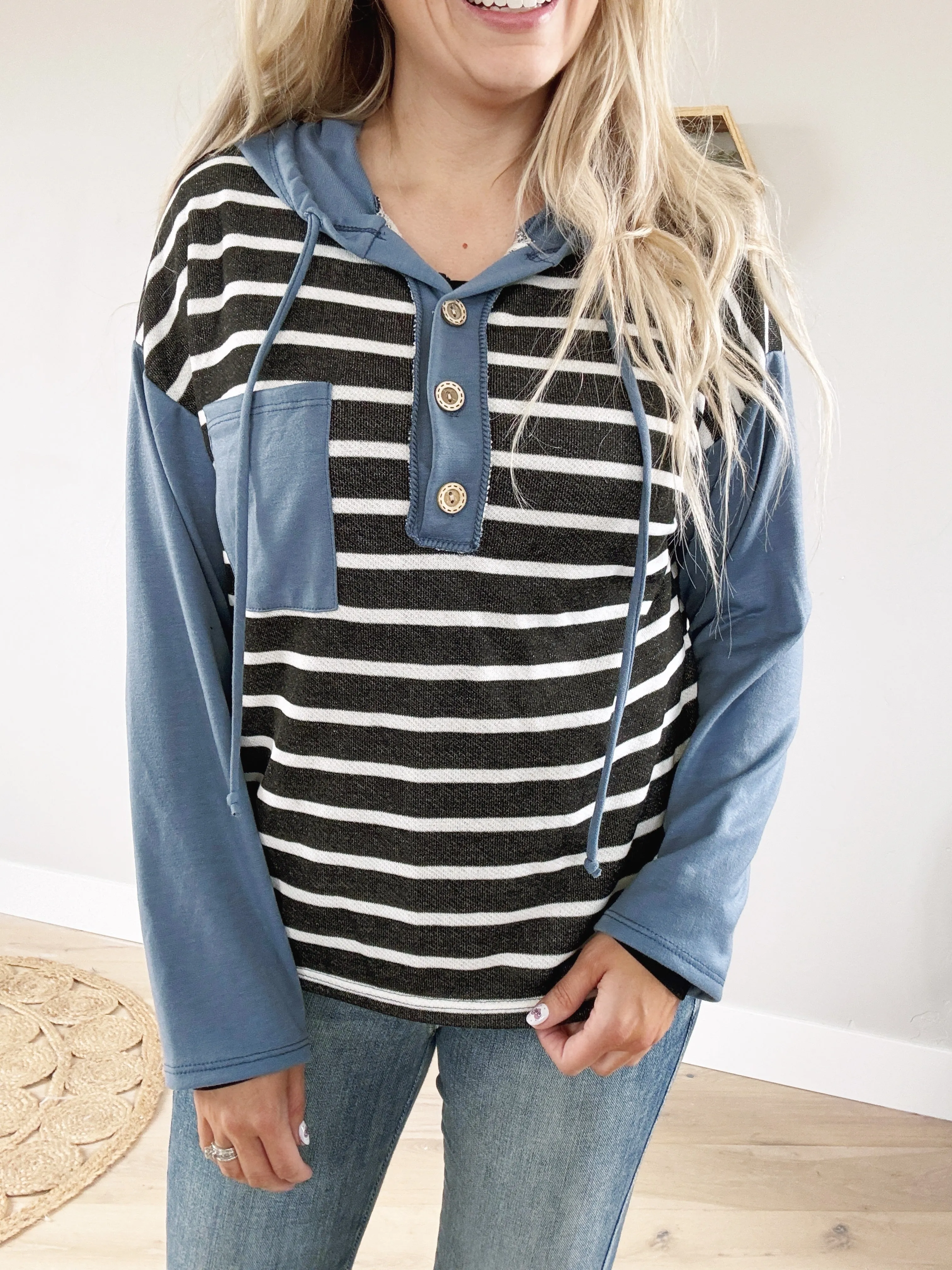 On The Go Striped Hooded Top in Slate Blue