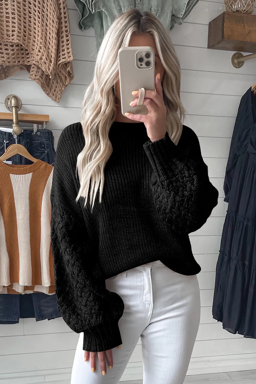 Parchment Cable Knit Sleeve Drop Shoulder Sweater (Copy)