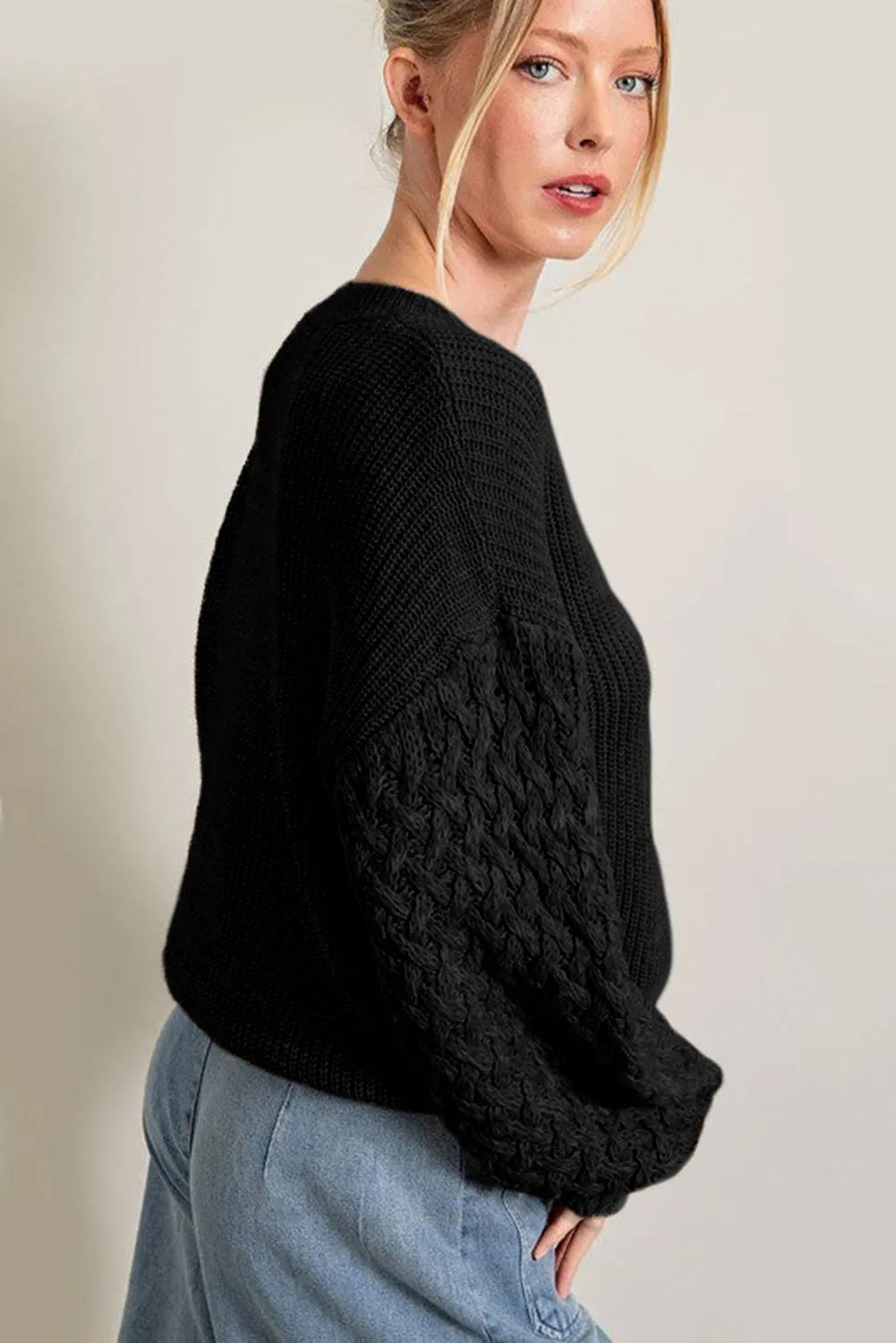 Parchment Cable Knit Sleeve Drop Shoulder Sweater (Copy)