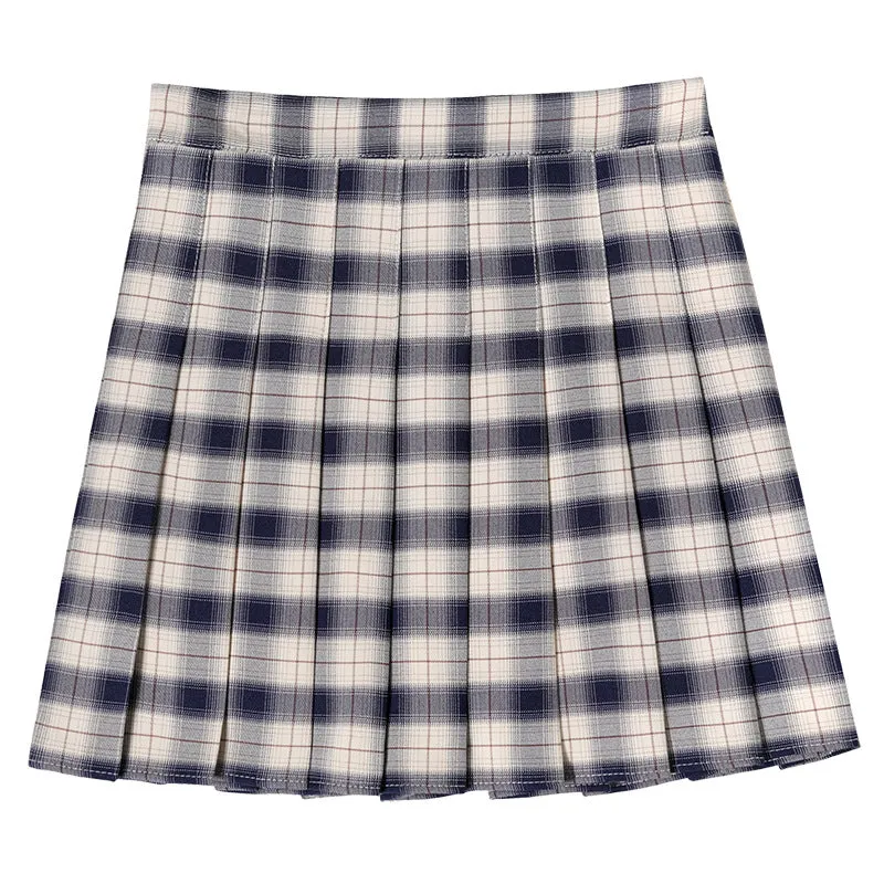 Pleated Short Plus Size Women High Waist A-Line Student Anti-Exposed Chequered Mid-Length Skirt