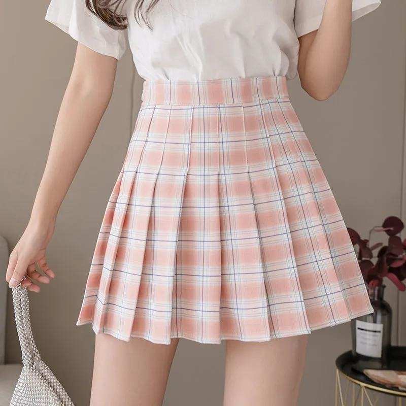 Pleated Short Plus Size Women High Waist A-Line Student Anti-Exposed Chequered Mid-Length Skirt