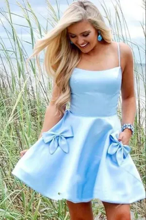 Promfast Light Blue Satin Homecoming Dresses With Pockets, Short Party Dresses PFH0407