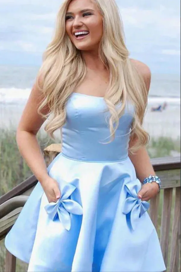 Promfast Light Blue Satin Homecoming Dresses With Pockets, Short Party Dresses PFH0407