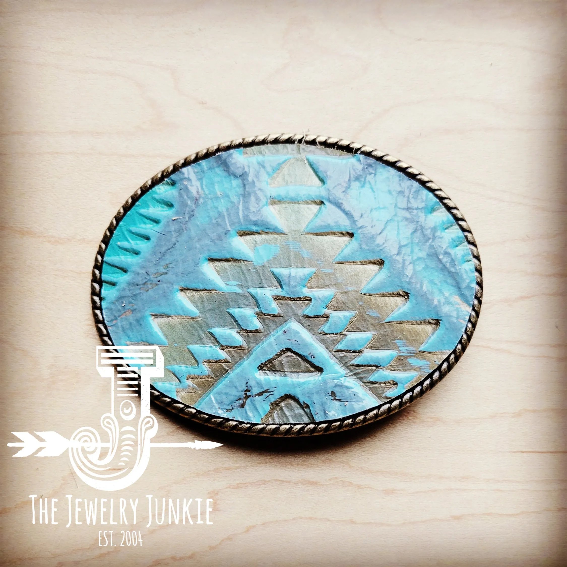 Rope Edge Leather Belt Buckle Distressed Turquoise 903p