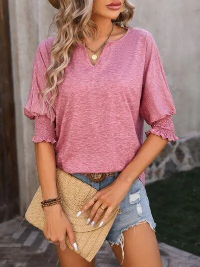 Smocked Half Sleeve Notched Neck Blouse