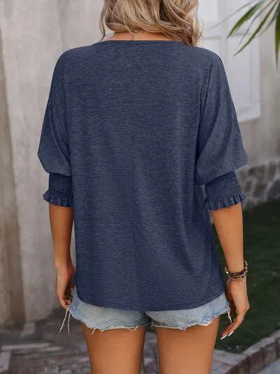 Smocked Half Sleeve Notched Neck Blouse