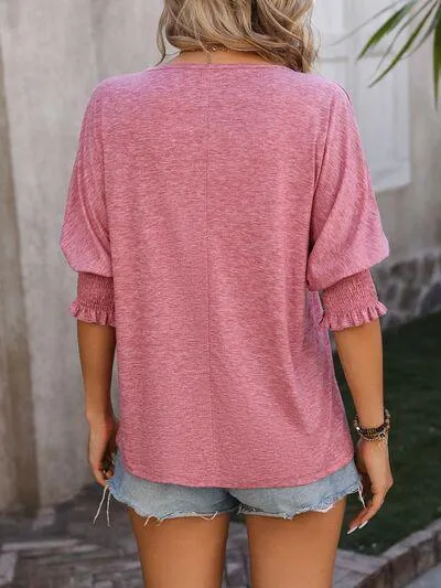 Smocked Half Sleeve Notched Neck Blouse