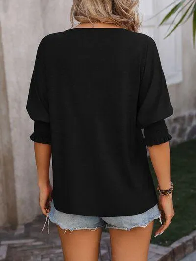Smocked Half Sleeve Notched Neck Blouse